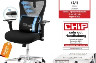 Schwarzer Clouvou CleverSeat Bürostuhl mit Netzrücken, Testurteilen und Verpackung