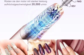 Schnittaway-Ansicht des COSLUS C20 Nagelfräser-Motors mit Fräskopf und drei Beispielen von verzierten Kunstnägeln.