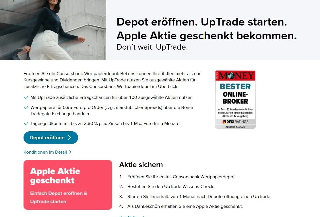 Consorsbank UpTrade mit Aktienprämie und Depotaktion für Neukunden