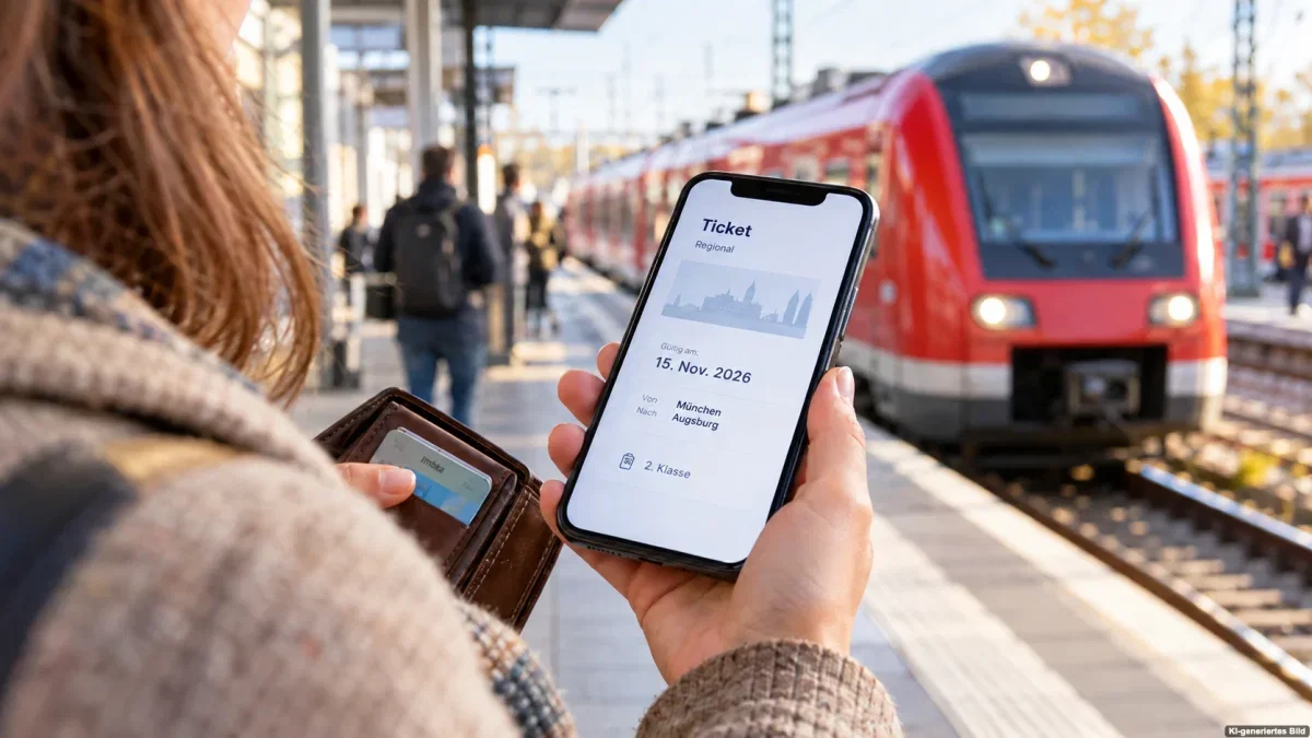 Pendler mit Smartphone am Bahnhof vor einem Regionalzug zum Deutschlandticket