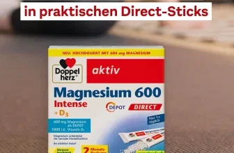 Doppelherz Magnesium 600 Intense + D3 Direct-Sticks in der Verpackung mit Textbanner