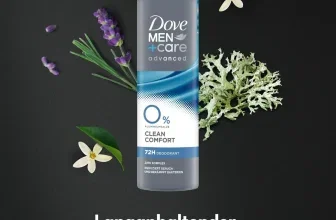 Dove Men+Care Deodorant Spray Clean Comfort mit Lavendel und weißen Blüten auf schwarzem Hintergrund