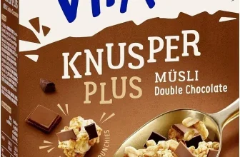 Dr. Oetker Vitalis KnusperPlus Müsli Double Chocolate Schachtel mit Löffel und Schokostücken