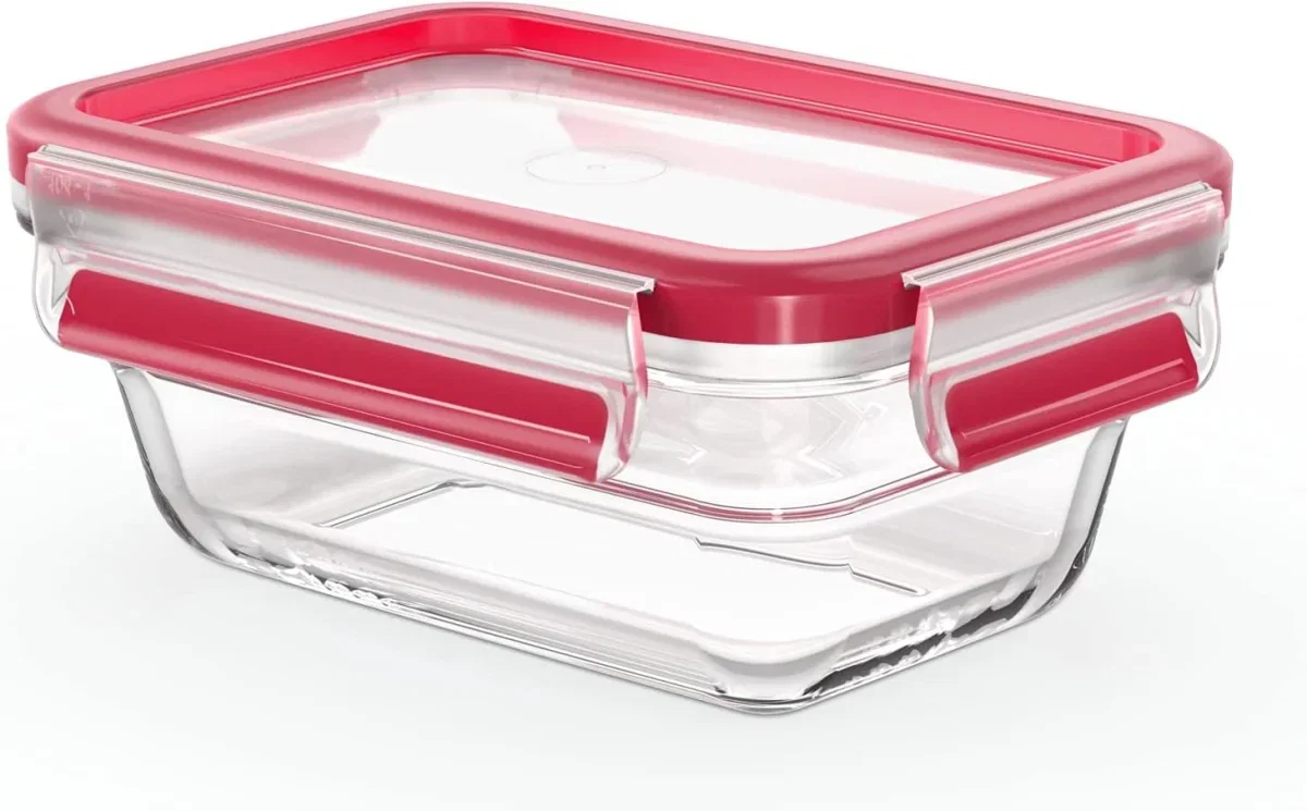 Rechteckige EMSA Clip & Close Frischhaltedose aus Glas mit rotem Deckel