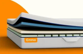 Schnittansicht einer Emma Matratze mit mehreren Schichten in Weiß, Blau und Grün auf orangefarbenem Hintergrund.