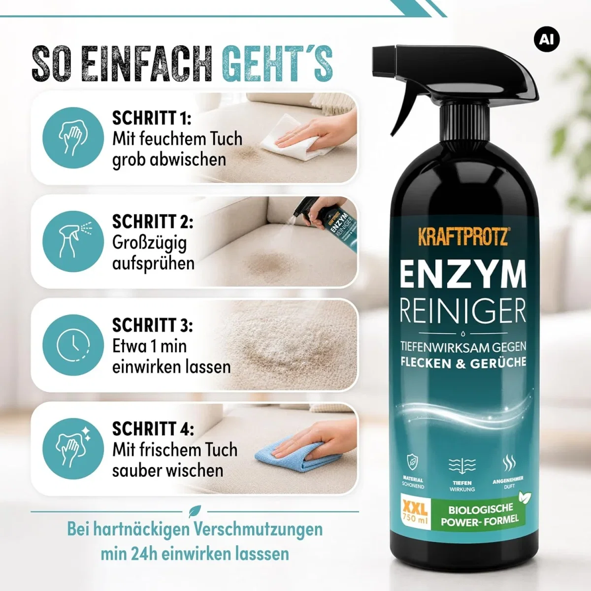 KRAFTPROTZ Geruchs- und Fleckenentferner für Sofas, Matratzen, Teppiche und Autositze