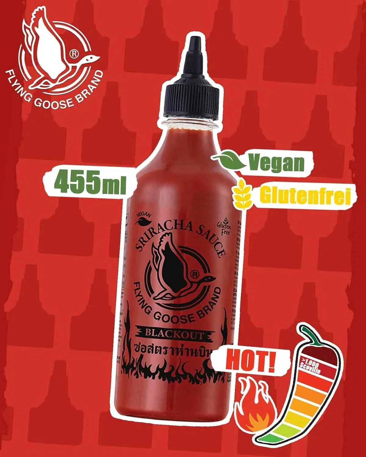 FLYING GOOSE Sriracha Chilisauce mit extra Schärfe extrem scharf (455ml – schwarze Kappe extra scharfe Würzsauce aus Thailand)