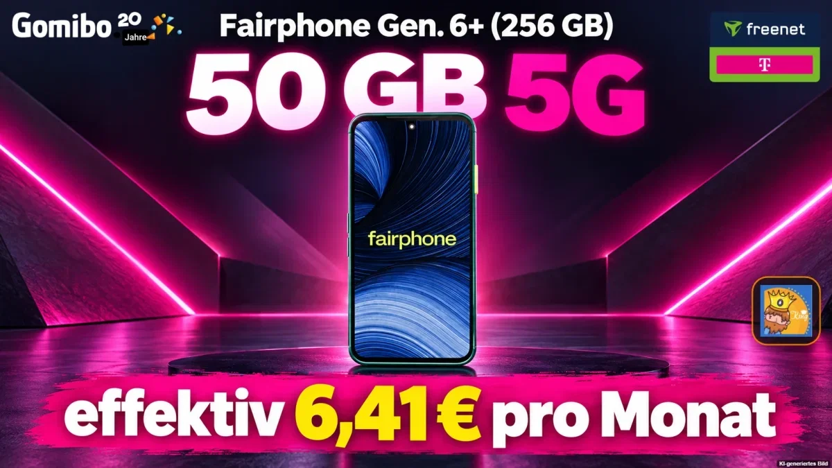 Gomibo: Fairphone Gen. 6+ (256 GB) + freenet Telekom Allnet-Flat 50 GB 5G für 29,99 € / Monat + 103,95 € einmalig