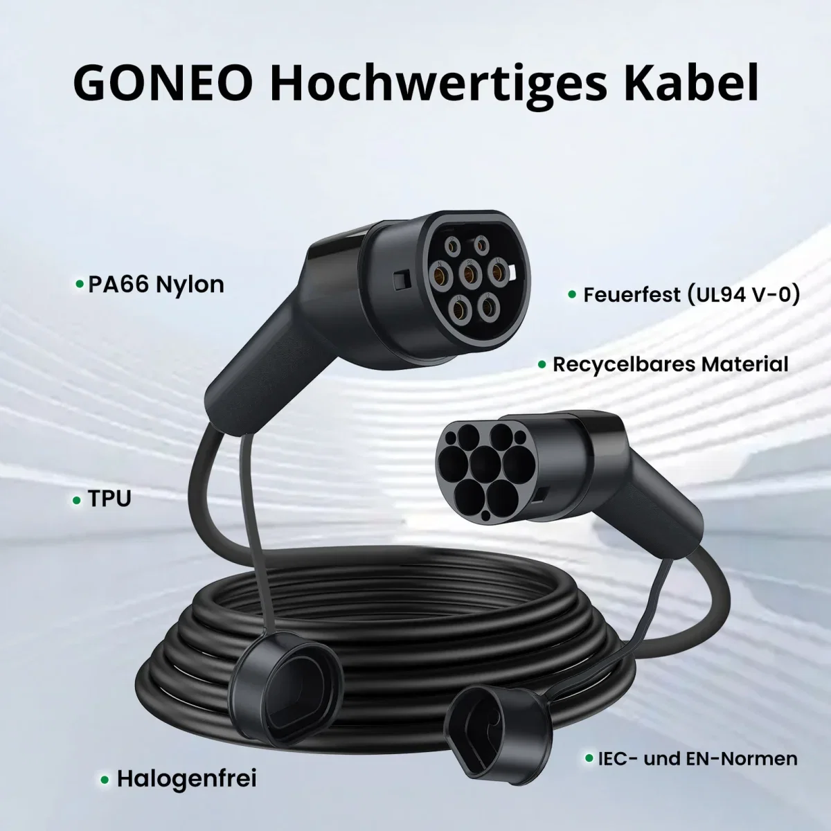 GONEO Ladekabel Typ 2 auf Typ 2 für Elektroautos mit 5 Metern Länge und IP54-Schutz
