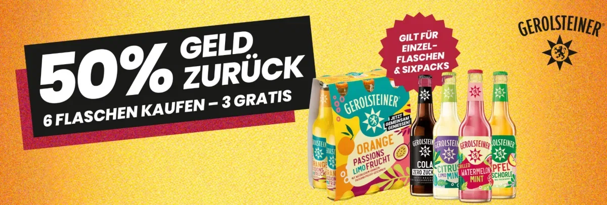 Ausgewählte Gerolsteiner Limonaden, Schorlen und Cola-Varianten der Cashback-Aktion 2026
