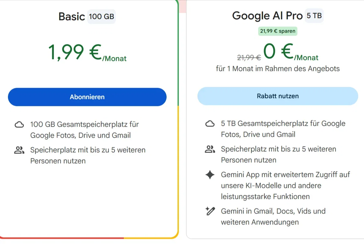 Google AI Pro mit 5 TB Speicherplatz + Gemini für 1 Monat kostenlos testen – 21,99 € sparen