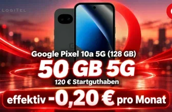 Google Pixel 10a 5G mit Vodafone-Logo und Preisangabe vor rotem Hintergrund