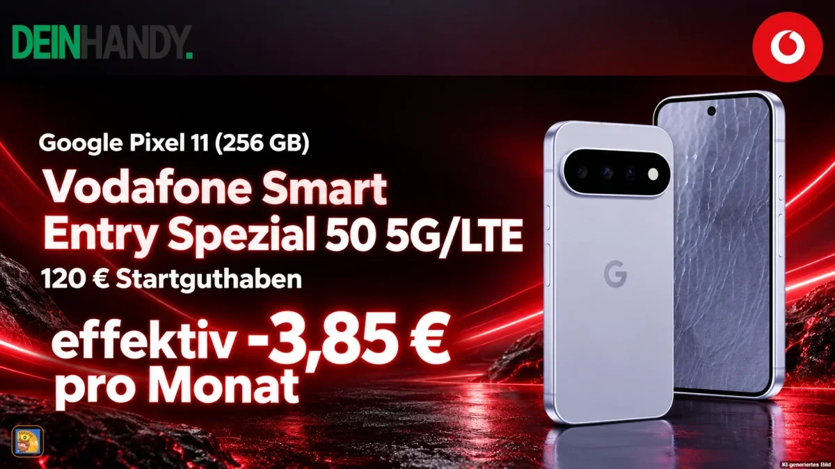 DEINHANDY: Google Pixel 11 (256 GB) + 120 € Startguthaben + Vodafone Smart Entry Spezial 50 5G/LTE für 29,99 € / Monat + 51,93 € einmalig