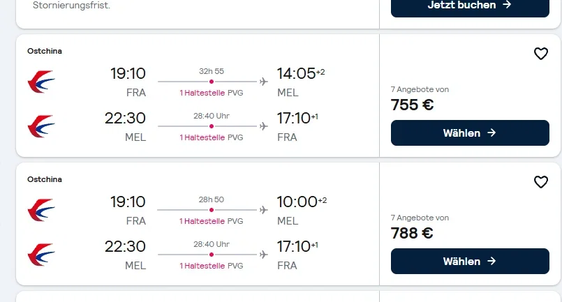 Flugroute von Frankfurt über Shanghai nach Australien mit China Eastern