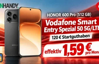 Honor 600 Pro in Schwarz mit Vodafone-Angebot, 120 Euro Startguthaben und Preisangabe von 1,59 Euro pro Monat.