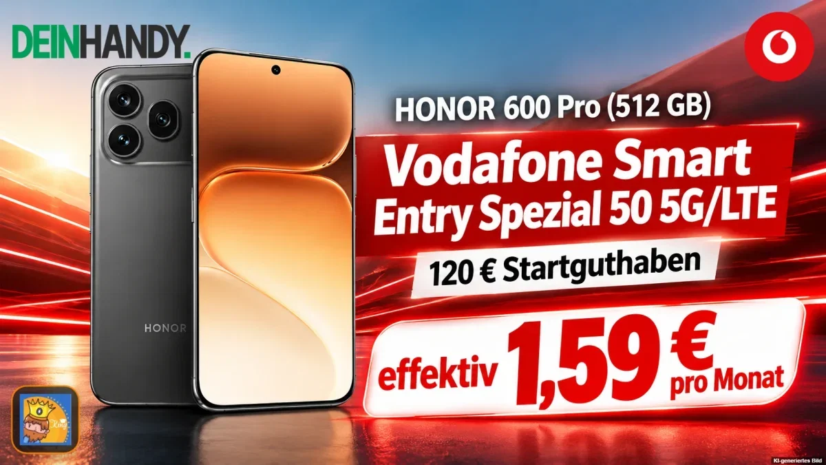 DEINHANDY: HONOR 600 Pro (512 GB) + 120 € Startguthaben + Vodafone Smart Entry Spezial 50 5G/LTE für 29,99 € / Monat + 106,94 € einmalig