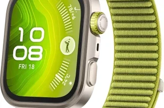 Grüne HUAWEI Watch FIT 4 Pro mit Textilarmband und silbernem Gehäuse auf weißem Hintergrund