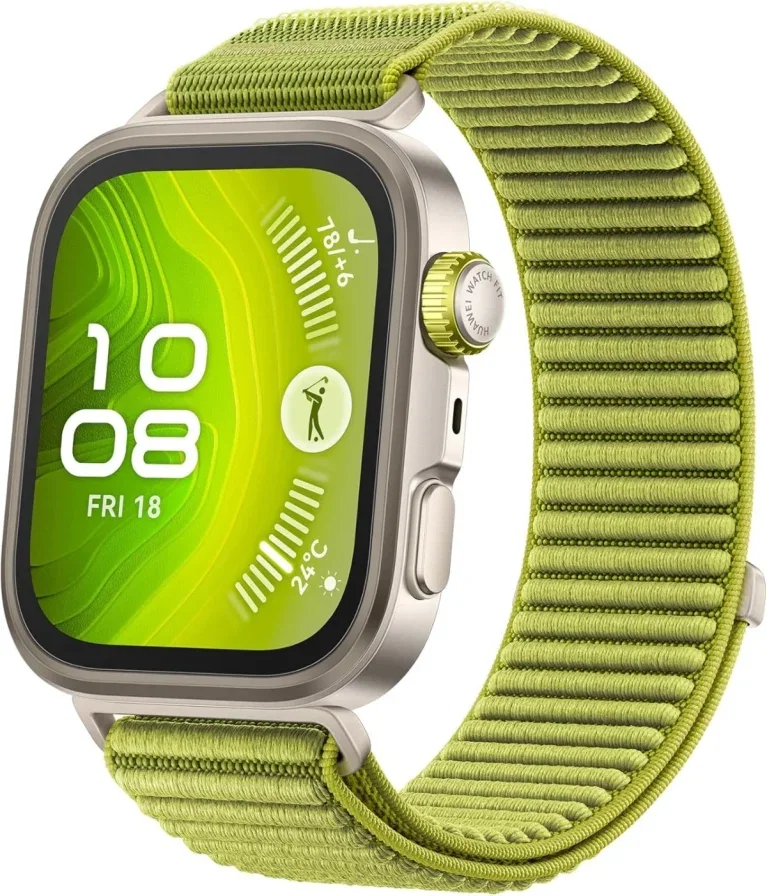 Grüne HUAWEI Watch FIT 4 Pro mit Textilarmband und silbernem Gehäuse auf weißem Hintergrund