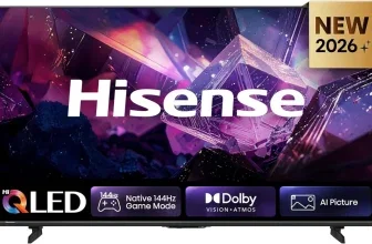 Hisense-Fernseher mit kristallinem Hintergrund, NEW 2026-Badge und Icons für Hi-QLED, 144Hz, Dolby Vision und AI Picture