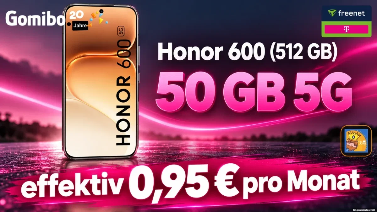 Gomibo: Honor 600 (512 GB) + Honor Choice Earbuds X7 Lite + freenet Telekom Allnet-Flat 50 GB 5G für 29,99 € / Monat + 5,95 € einmalig