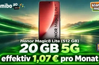 Gomibo-Anzeige mit rotem Honor Magic8 Lite, klarmobil-Logo und Text 20 GB 5G effektiv 1,07 € pro Monat