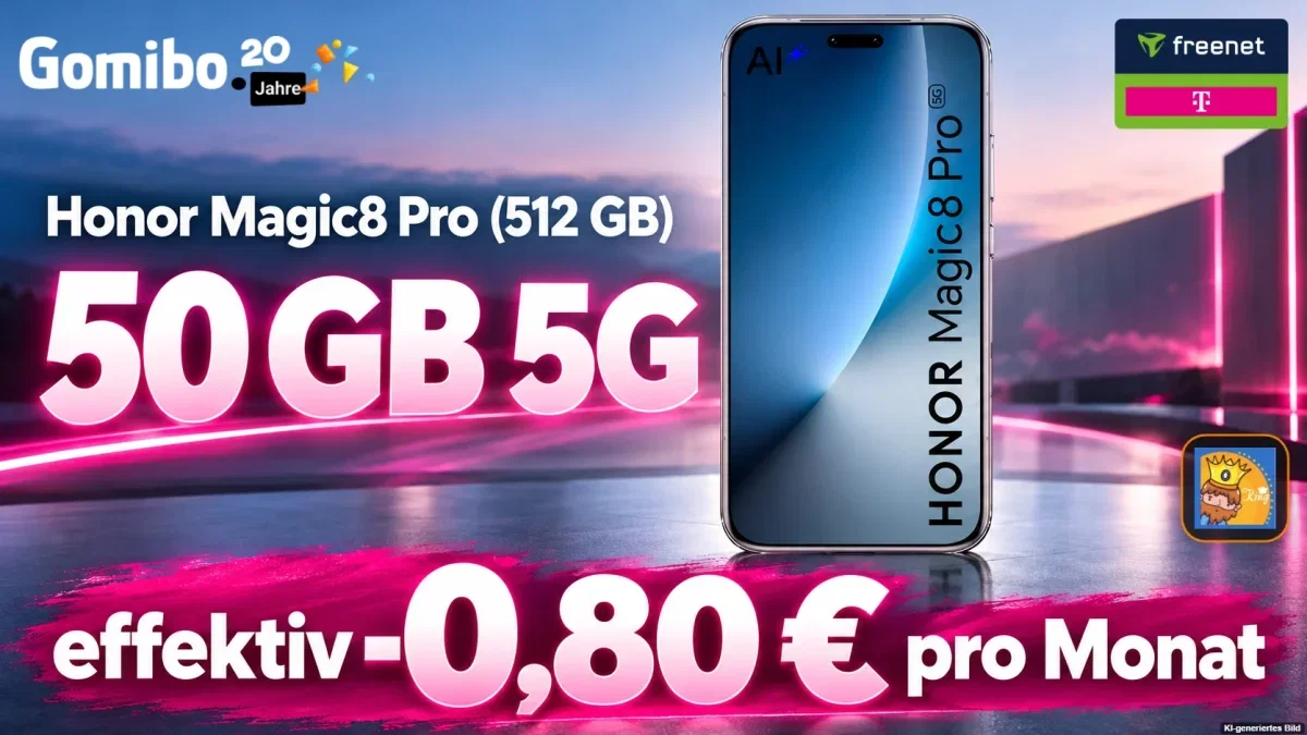 Gomibo: Honor Magic8 Pro (512 GB) + freenet Telekom Allnet-Flat 50 GB 5G für 44,99 € / Monat + 5,95 € einmalig