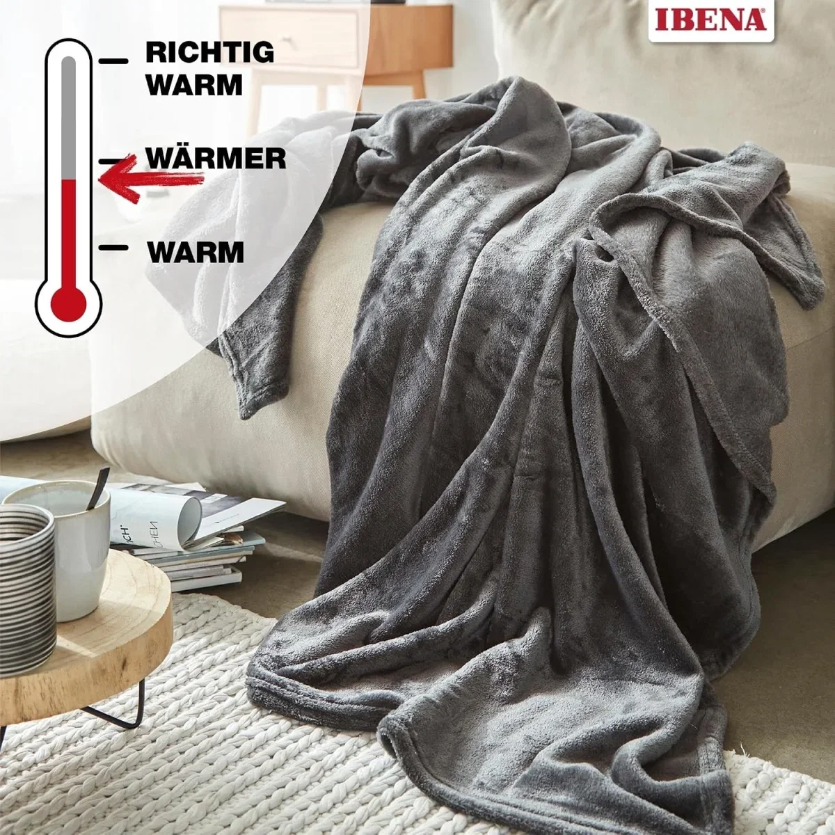 Ibena Kuscheldecke Olbia – flauschig warm & waschbar fleecedecke dunkelgrau einfarbig (4 Farben)