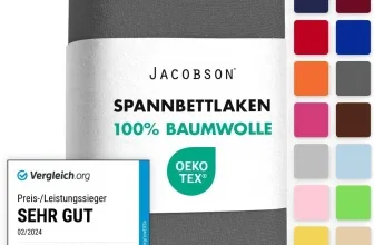Graues Jacobson Jersey Spannbettlaken mit Etikett, OEKO-TEX-Siegel und Farbpalette