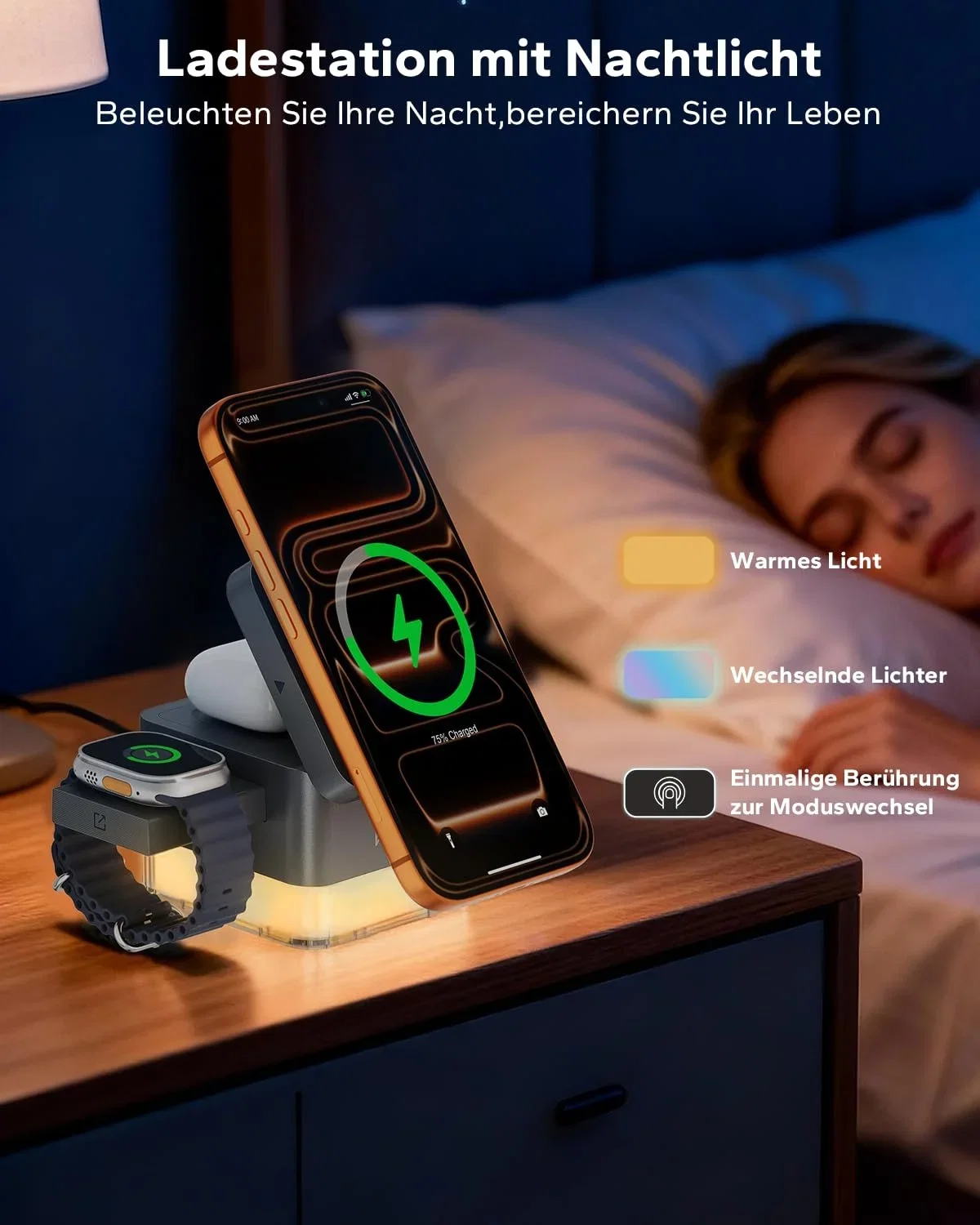 Faltbare KPON MagSafe Ladestation mit drei Ladebereichen und integriertem Nachtlicht