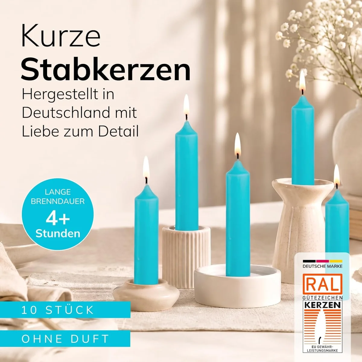 Türkise Tafelkerzen im kompakten Format mit 10 cm Höhe