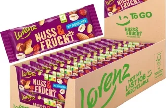 Lorenz Nuss & Frucht Pops in brauner To-Go-Verpackung mit lila Riegeln und Nussabdruck