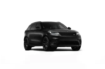 Schwarzer Range Rover Velar in Front- und Detailansicht auf weißem Hintergrund