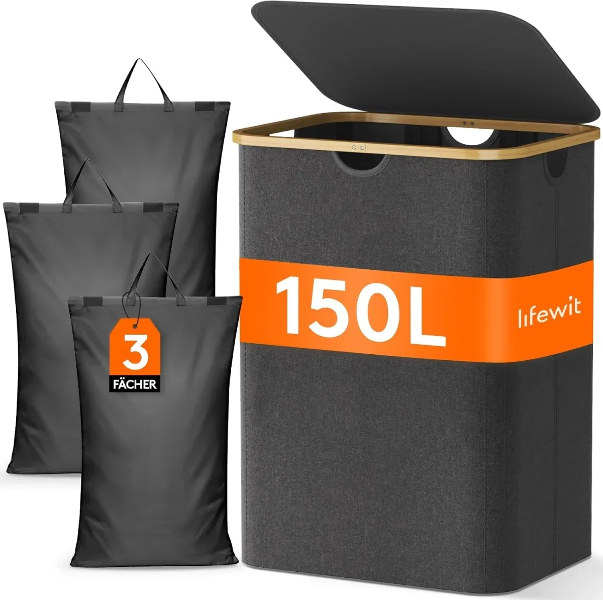 Lifewit Wäschekorb mit 3 Fächern und Deckel (150L)