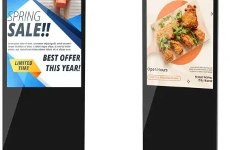 Zwei schwarze, rollbare Digital-Schilder mit Werbeinhalten für Sale und Restaurant.