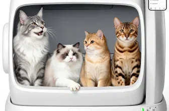 Vier Katzen in weißer MeoWant-Toilette, App-Display rechts