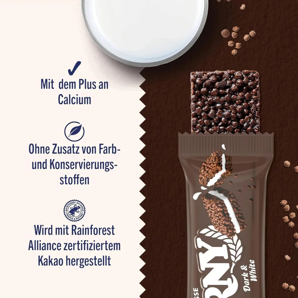 Corny Milch Dark & White Riegel mit knusprigen Kakao-Crispies und cremiger Milchfüllung