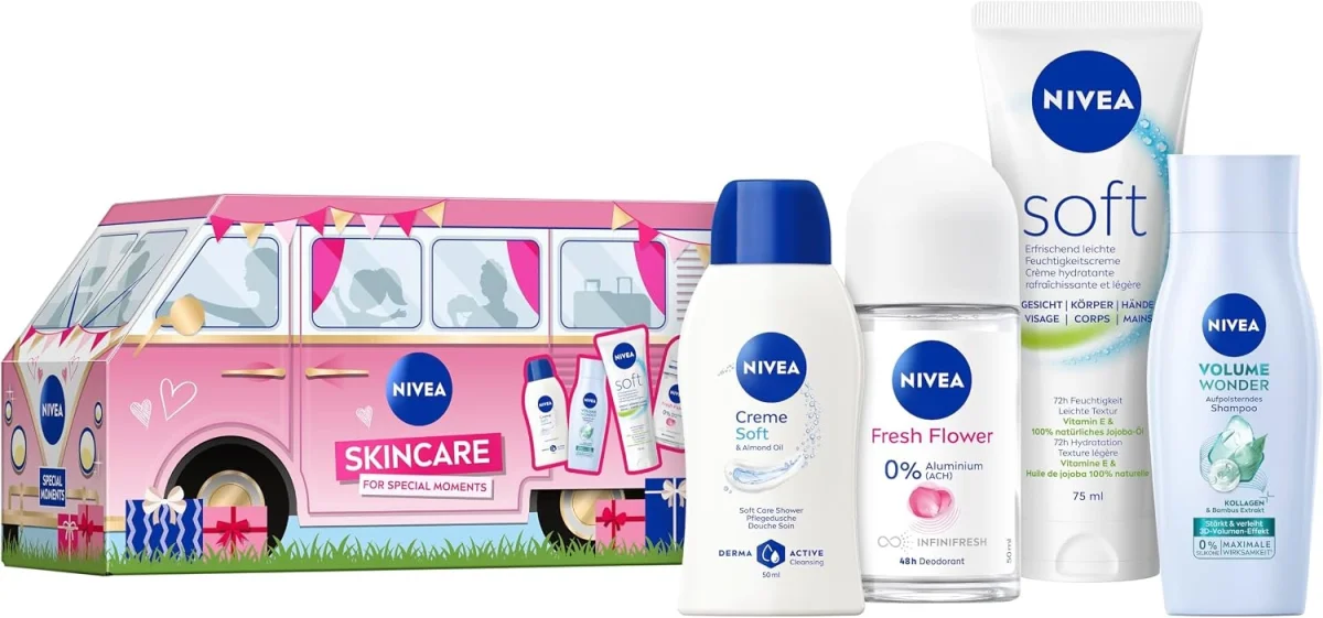 NIVEA Hautpflege Geschenkset mit Pflegedusche, Fresh Flower Deo, Soft Creme und Shampoo