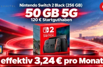 Nintendo Switch 2 Black in roter Verpackung mit Logitel- und Vodafone-Logo sowie Preisangabe