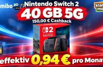 Nintendo Switch 2 Box mit klarmobil Logo, 40 GB 5G Text und 150 Euro Cashback Hinweis