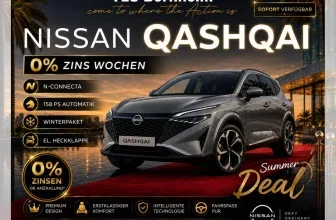 Grauer Nissan Qashqai auf rotem Teppich vor Palmen mit 0% Zinsen-Angebot und Summer Deal Schriftzug
