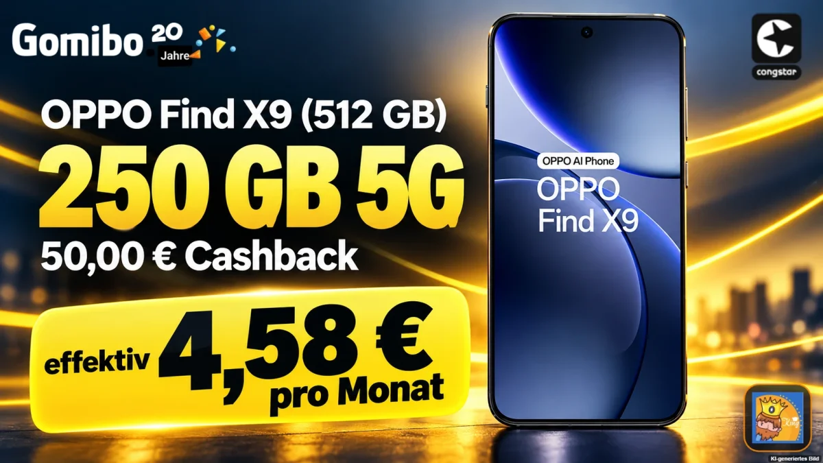 Gomibo: OPPO Find X9 (512 GB) + 50,00 € Cashback + congstar Allnet-Flat 250 GB 5G für 35,00 € / Monat + 118,95 € einmalig