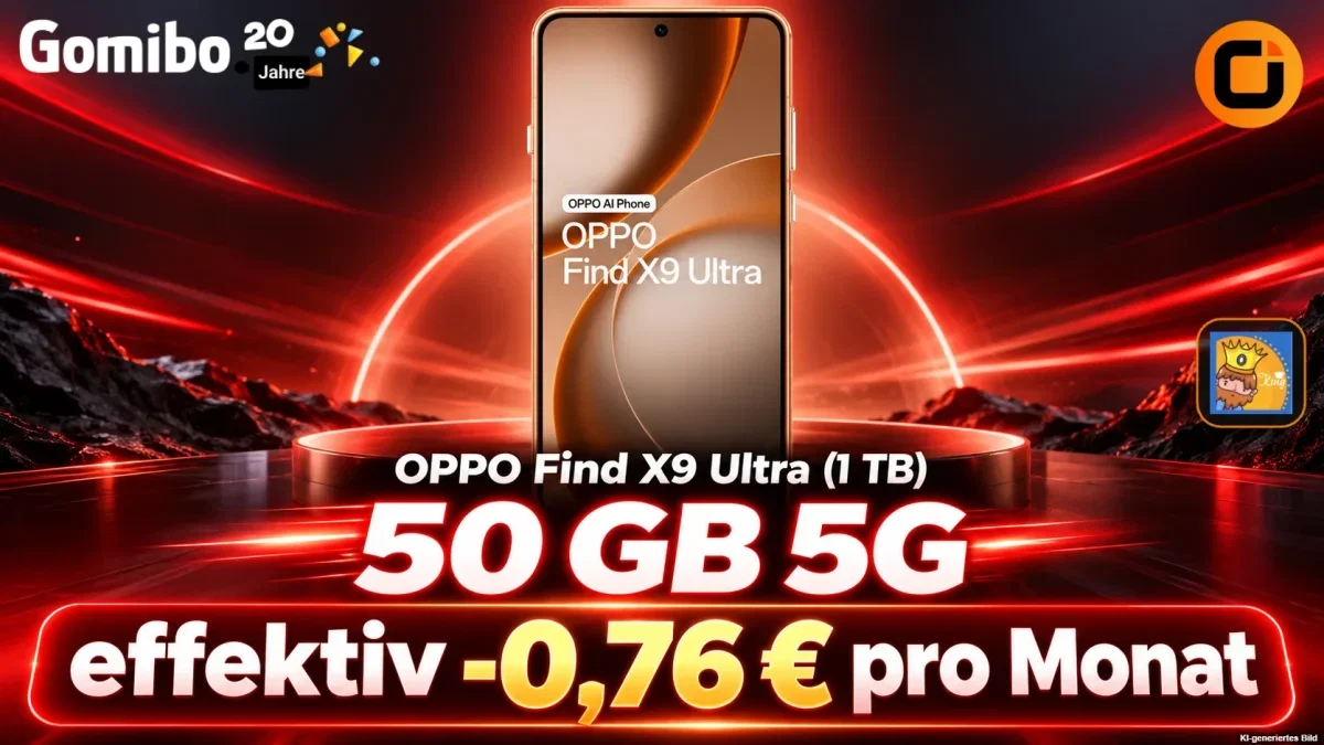 Gomibo: OPPO Find X9 Ultra (1 TB) + otelo Vodafone Allnet-Flat 50 GB 5G für 19,99 € / Monat + 1.293,95 € einmalig