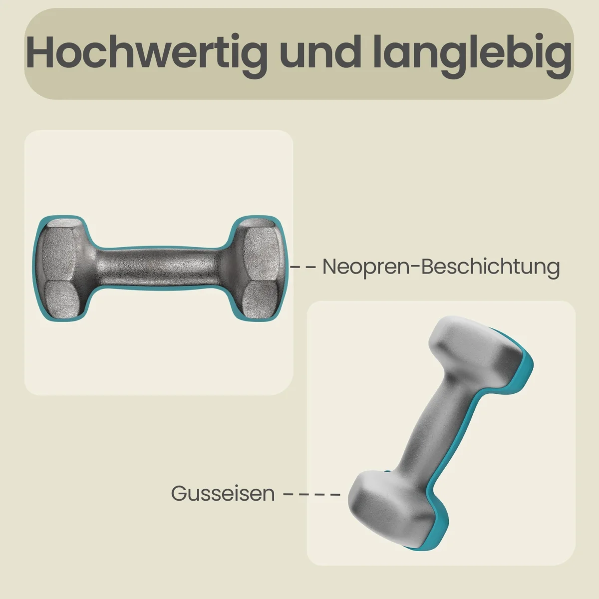 Hexagonale Ochama Kurzhanteln in drei Gewichtsstufen von 1 bis 3 kg