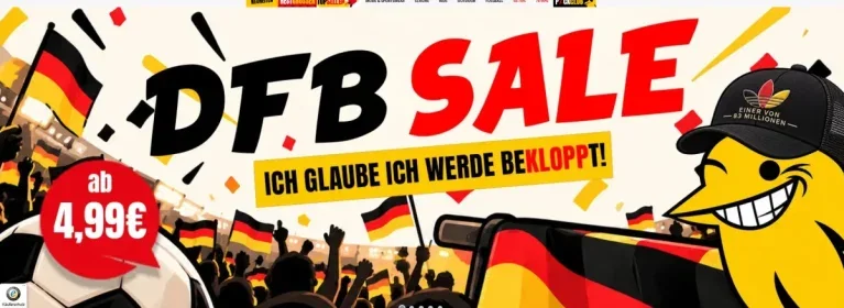 DFB Sale Banner mit Deutschland-Fahnen, Fußball und Preisangabe ab 4,99 €