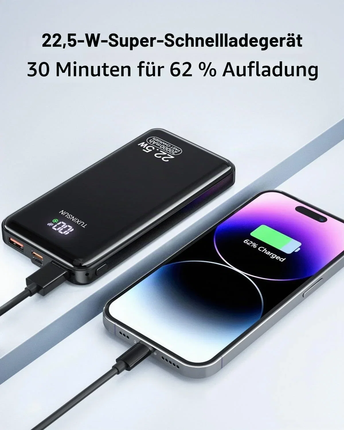 Externer TUXINSUN Smartphone-Akku mit USB-C, USB-A und digitaler Ladestandsanzeige
