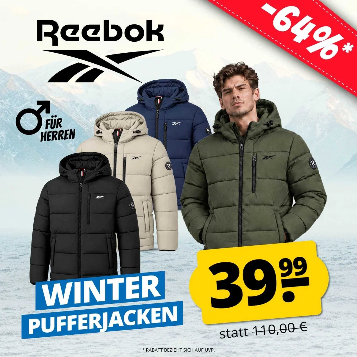 Reebok Stretch Puffer Herren Winterjacke (3 Farben, Gr. S bis XL)
