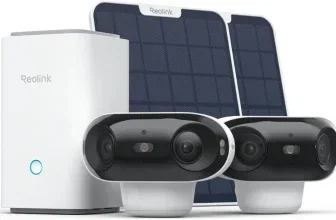 Reolink Kamera-Set mit weißem NVR, zwei schwarzen Kameras und zwei Solarpaneelen