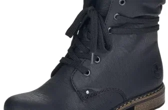Schwarzer Rieker Damen-Schnürstiefel mit sichtbarem Logo und brauner Sohle
