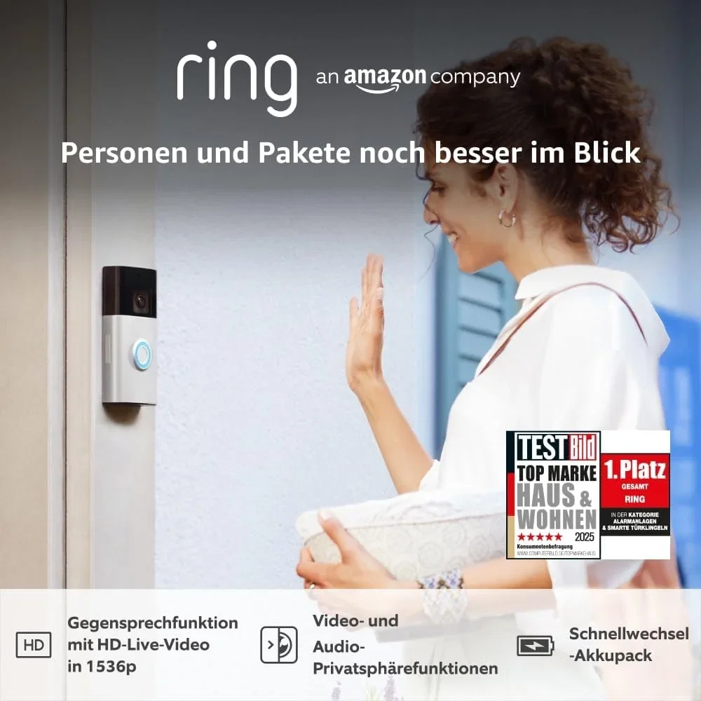Ring Akku-Videotürklingel Plus (Battery Doorbell Plus) Videotürklingel mit 1536p HD-Kopf-bis-Fuß-Aufnahme (Selbstinstallation)
