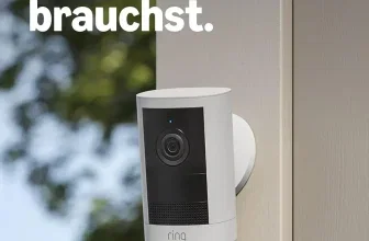 Weißer Ring-Außenkamerakopf an einer Wand mit Slogan und Icons für 2K, Nachtsicht und Netzteil.